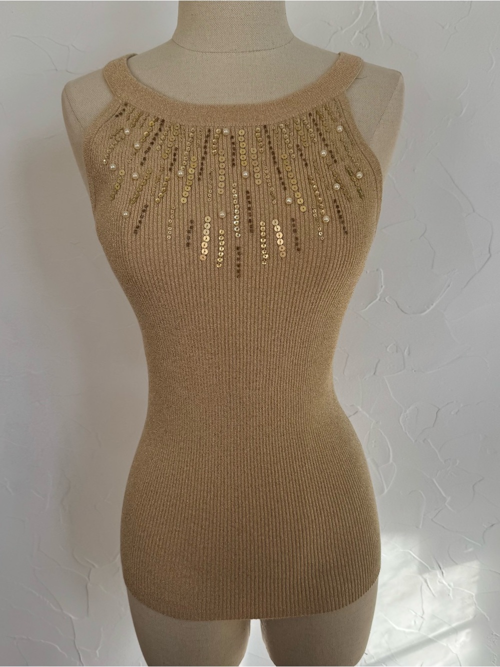 Cache Gold Camel Sequin-Embellished Ribbed Tank